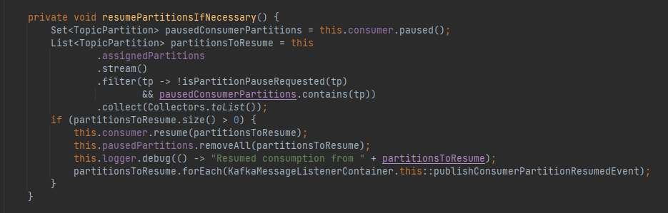 KafkaMessageListenerContainer#resumePartitionsIfNecessary