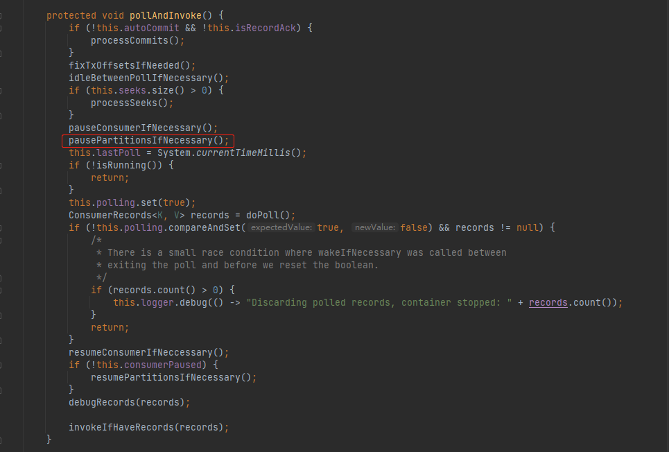 KafkaMessageListenerContainer#pollAndInvoke